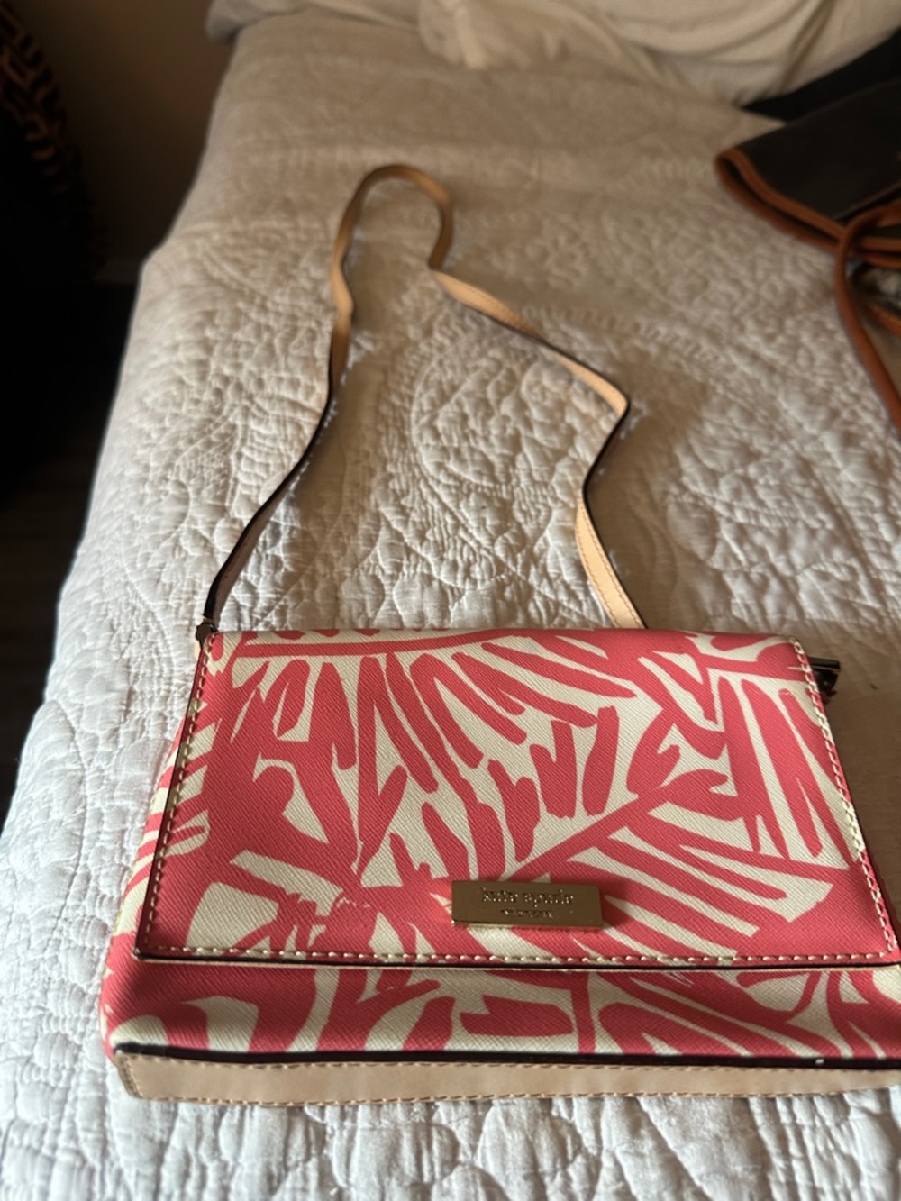 kate spade Coral and Cream Palm-Print Crossbody Bag
